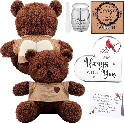 Kenning Juego de Regalo Funerario de 5 Piezas para Cremación, Oso de Peluche para Cenizas con Cuchara, Pequeña Urna de Recuerdo, Placa Memorial en
