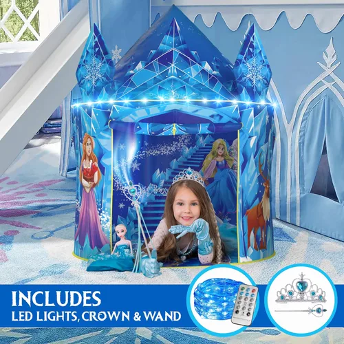 Miniatura 3 de W&O Tienda de campaña de princesa congelada para niñas con botón de sonido mágico, luces LED, corona y varita – Tienda de campaña congelada