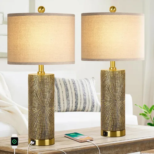 Miniatura 8 de Juego de 2 lámparas de mesa de ratán para sala de estar con 2 puertos USB, lámpara de dormitorio de 27 pulgadas de alto, casa de campo costal