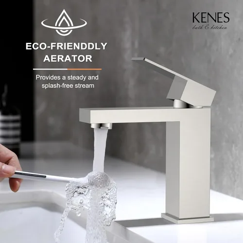 Miniatura 5 de KENES Grifo de lavabo de baño de una sola manija, grifo de tocador de níquel cepillado para fregadero de baño, con tapón de drenaje desplegable