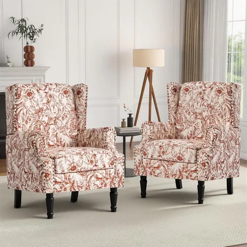 Miniatura 14 de Silla de Acento de Respaldo Alto, Sillón Tapizado en Tela para Sala de Estar, Sillón Wingback con Estampado Floral con Patas de Madera Maciza, Sofá