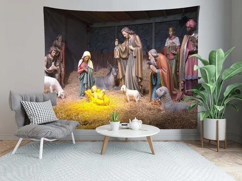 Miniatura 2 de Loccor Tapiz de Navidad Escena del Nacimiento Pesebre Escena del Nacimiento del Bebé Jesús Tapiz para Colgar en la Pared Tapestries Religiosos