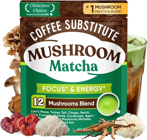 Venture Pal Polvo de matcha de hongos – 13 superalimentos alternativos de café de hongos con polvo matcha de grado ceremonial, probióticos 1.5B para