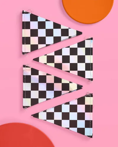 Miniatura 7 de xo, Fetti Bandera de decoración de fiesta a cuadros negros e iridiscentes, juego de 4, 32 pies Guirnalda de discoteca para despedida de soltera