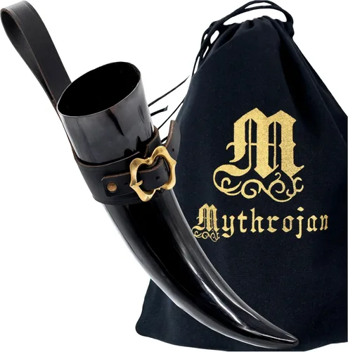 Miniatura 31 de Mythrojan Cuerno vikingo para beber 100% natural, auténtico, decoración de latón, cuerno nórdico con funda de cuero negro, bolsa de lona para vino