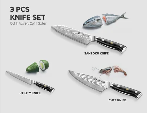 Miniatura 7 de Juego de cuchillos de cocina Damasco 3 piezas: cuchillos japoneses NSF aptos para alimentos con núcleo de acero VG10, juego de cuchillos de chef