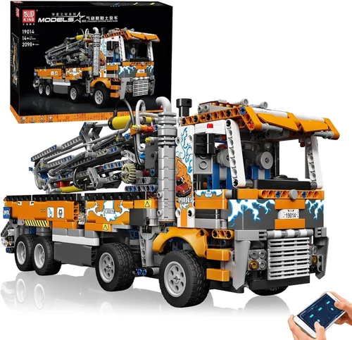 Mould King 19014 Technology - Kit de construcción de camiones con bomba de hormigón neumática, ingeniería multicolor, juguetes de grúa telescópica