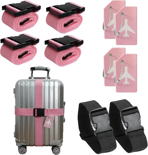 Paquete de 4 correas de equipaje y 4 etiquetas de equipaje y 2 correas de equipaje para añadir una bolsa, cinturón de equipaje ajustable, correa de