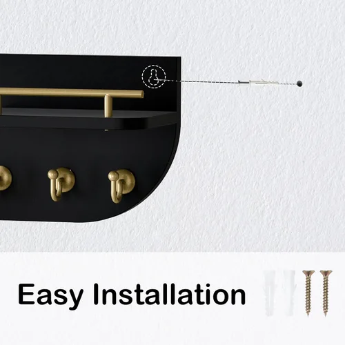 Miniatura 7 de Soporte para llaves de pared, organizador decorativo de llaves y correo con 3 ganchos de metal y 2 estantes, estante de llaves de madera montado