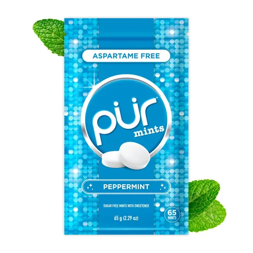 Miniatura 24 de PUR Mentas Mentas para aliento fresco sin aspartame Elaboradas con xilitol Sin azúcar, veganas, sin gluten Sabor natural a menta piperita