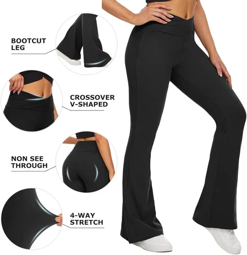 Miniatura 38 de ZOOSIXX Pantalones de yoga acampanados para mujer, leggings cruzados suaves con corte de bota