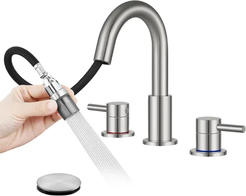 Miniatura 8 de FGKQ Grifo de baño negro para lavabo de 3 orificios, grifo de lavabo de baño con desagüe emergente, grifo de tocador extendido de 8 pulgadas de 3