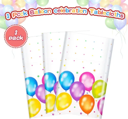 Miniatura 4 de Paquete de 3 manteles de globos coloridos, desechables, de plástico multicolor, 54 x 108 pulgadas, rectangular, para picnic, fiesta de cumpleaños