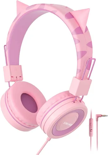 SIMJAR Cat Ear - Auriculares para niños con micrófono para la escuela, limitador de volumen 85/94 dB, auriculares con cable para niñas con diseño