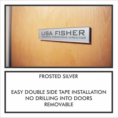 Placa de identificación personalizada para puerta de oficina. Fácil instalación con cinta adhesiva de doble cara. (Plata escarchada)