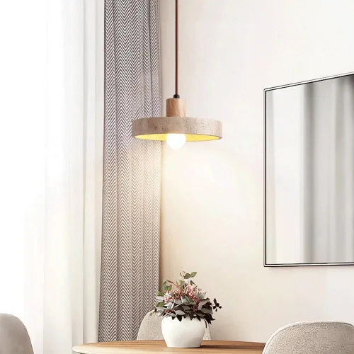 Miniatura 3 de Japanese Wabi-Sabi Dining Room Pendant Lights, 8.3IN Yellow Travertine Shade Ceiling Hanging Lighting, Modern Wood Chandelier for Kitchen Island