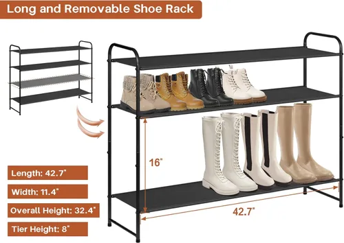 Miniatura 3 de KIMBORA Zapatero largo de 4 niveles para el piso del armario, estante ancho para zapatos, organizador de almacenamiento de 30 pares apilables, Negro
