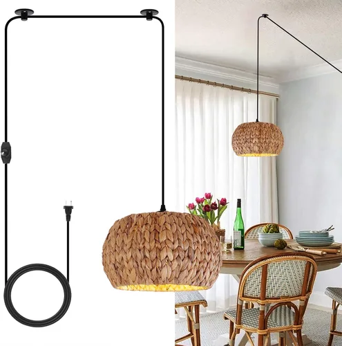 Miniatura 14 de HuisMier Lámpara Colgante de Ratán con Enchufe, Luz Colgante de 15 Pies con Pantalla de Cesta Tejida de Mimbre, Lámpara Colgante Bohemia Regulable
