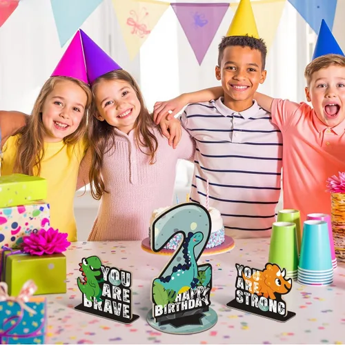 Miniatura 5 de Juego de 3 piezas de dinosaurios con signo de número de 2º cumpleaños, decoración de mesa de dinosaurios para niños y niños de 2º cumpleaños