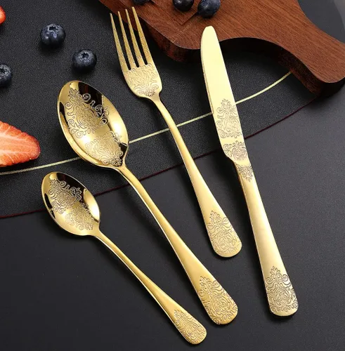 Juego de cubiertos dorados para 6 cubiertos delicados de acero inoxidable, 24 piezas, incluye cuchillos, tenedores y cucharas, juego de vajilla para