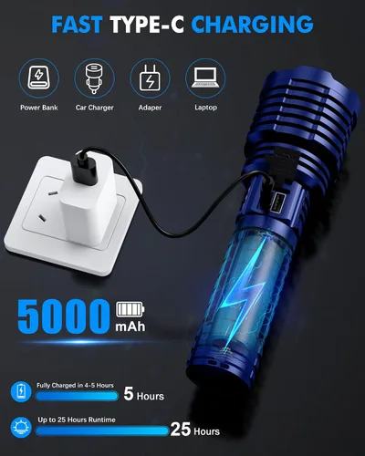 Miniatura 5 de Linternas LED recargables superbrillantes de 2500,000 lúmenes altos, linternas de alto lúmenes de hasta 25 horas de larga vida Zoomable 5 modos