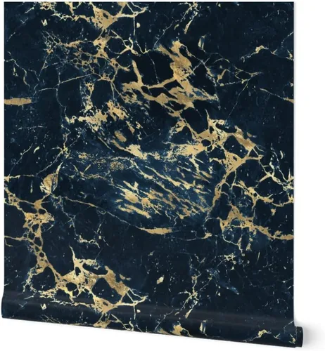 Spoonflower Muestro de papel tapiz removible - Mármol Azul Amarillo Azul Oscuro Azul Marino Oscuro Imitación Oro Piedra Piedra Aspecto Roca Papel