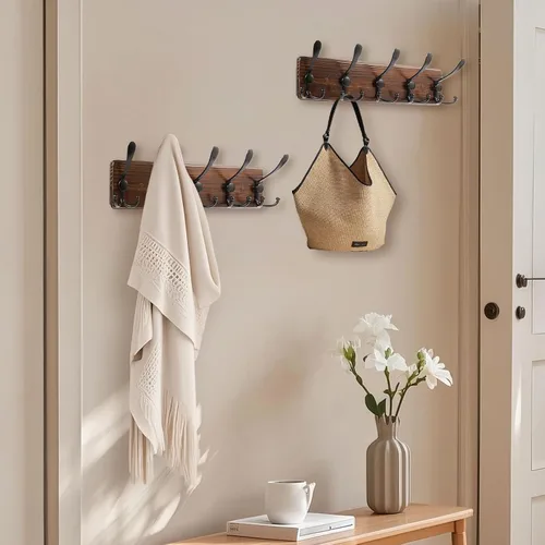 Miniatura 6 de Perchero de pared rústico para sombreros de 16.8 pulgadas con 5 ganchos triples para colgar abrigos, bolsos, toallas