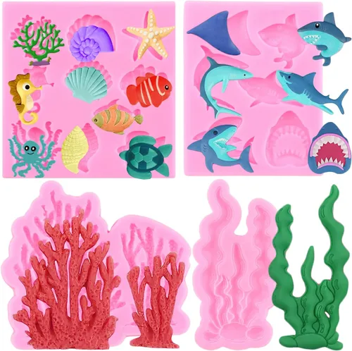 Miniatura 12 de ZiXiang Molde de fondant con temática marina, moldes de silicona para peces, tiburones marinos, coral, caramelo, para decoración de tartas