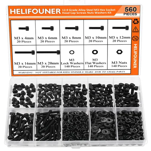 HELIFOUNER 560 piezas M3 x 0.157 in, 0.236 in, 0.315 in, 0.394 in, 0.472 in, 0.630 in, 0.787 in, cabeza hexagonal, tornillos, arandelas, tuercas,