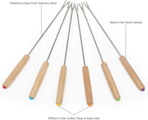 Miniatura 4 de STYDDI Tenedor para fondue, 18 tenedores de acero inoxidable para fondue de codificación de color con mango de madera para fuente de chocolate