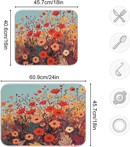 Miniatura 2 de Tapete de secado de platos de primavera naranja con flor de amapola para encimera de cocina, tapete escurridor absorbente de microfibra, tapete