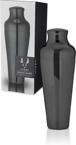 Viski Coctelera parisina contorneada de acero inoxidable pulido de alto brillo con tapa y colador integrados, color negro, juego de 1 unidad de 25