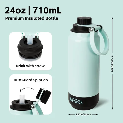 Miniatura 7 de GREYLOCK Botella de agua aislada de 24 onzas con tapa con popote, botella de acero inoxidable reutilizable a prueba de fugas, fría y caliente las 24