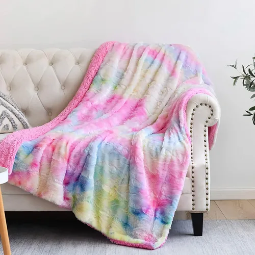 NEWCOSPLAY Manta de Tiro de Piel Sintética Súper Suave para Sofá Arcoíris Claro Sherpa Difusa de Felpa Cálida para Sofá Cama (Arcoíris Claro,