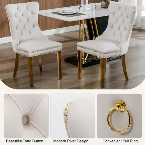 Miniatura 6 de Juego de 5 mesas de comedor negras brillantes para 4, mesa de cocina moderna de madera de alto brillo con 4 sillas de terciopelo beige, mesas