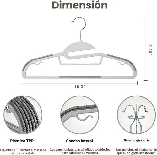 Miniatura 2 de BAGAIL Paquete de 50 perchas de plástico con diseño antideslizante, 0.2 pulgadas de grosor, gancho giratorio de 360°, organizador que ahorra espacio