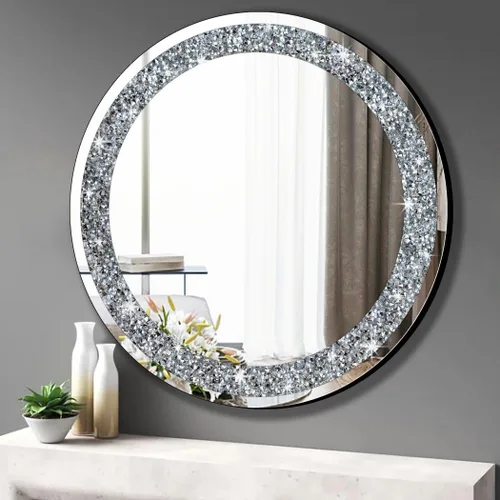 Miniatura 9 de Espejo Redondo Plateado Brillante Crystal Crush con Diamantes para Decoración de Pared 20x20x1 pulgadas para Colgar en Pared sin Marco Bling