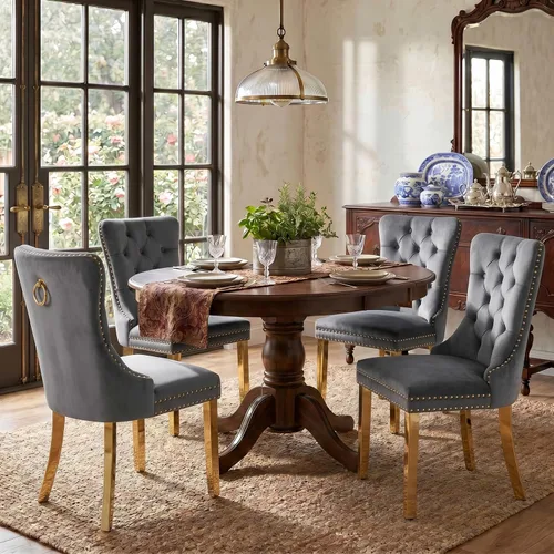 Miniatura 83 de SoarFlash Juego de 2 sillas de comedor de tela de lino, sillas de comedor tapizadas con ribete de cabeza de clavo y patas de madera de color claro