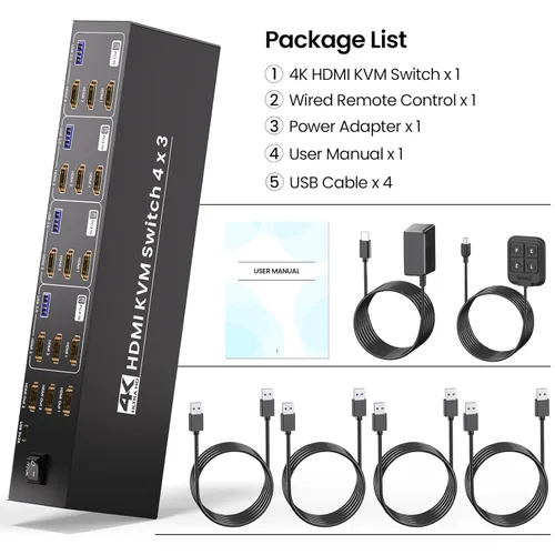 Miniatura 7 de Conmutador KVM HDMI de tres monitores USB 3.0, 4K60Hz 4 puertos HDMI KVM Switch 3 Monitores 4 Computadoras, 4 PC Share 1 Juego de teclado, ratón, 3