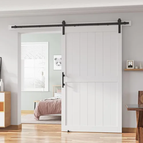 Miniatura 19 de Puerta corredera de granero de 28 x 84 pulgadas con kit de herrajes para puerta de granero de 5 pies, mango y guías de suelo, agujeros Blanco