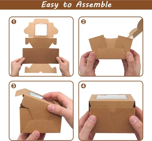 Miniatura 7 de XINHPKGG 100 cajas de galletas de 4 x 4 x 2.5 pulgadas, cajas de panadería con ventana, caja de postre para recuerdos de boda, fiesta, color marrón