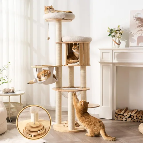 Miniatura 13 de Árbol Moderno de Madera Maciza para Gatos Adultos Grandes de Interior, Torre para Gatos de 50 Pulgadas de Alto con Postes Rascadores de Sisal, 50.0