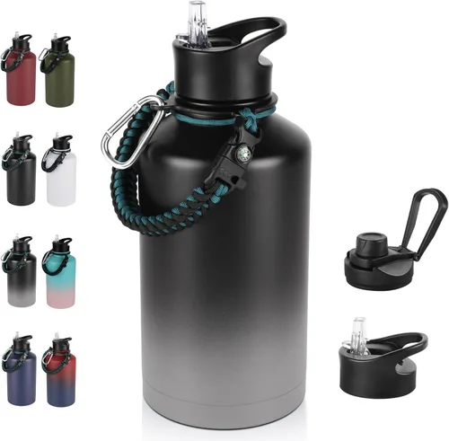 Miniatura 72 de Botella de agua aislada de 64 onzas con tapas de pajita y boquilla, jarra de agua de acero inoxidable de medio galón con mango de paracord, vacío