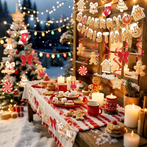 Miniatura 4 de Pancartas de Feliz Navidad, tema de pan de jengibre, decoración de fiesta navideña preencordada con 20 espirales colgantes para el hogar, la oficina