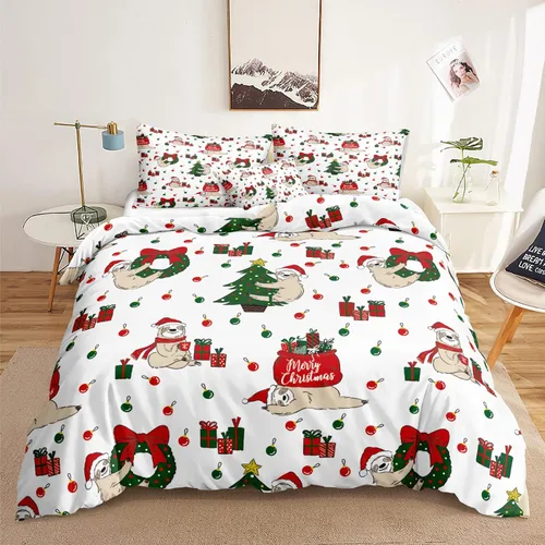 Miniatura 40 de Juego de ropa de cama de Navidad con funda de edredón de copos de nieve, color blanco y rojo, con estampado navideño, juego de ropa de cama festiva
