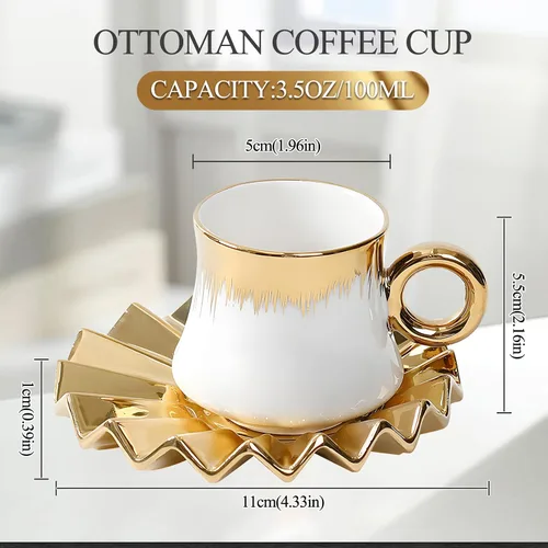 Miniatura 3 de Juego de 6 tazas de café turco de cerámica de 3.5 onzas, tazas y platillos de porcelana para capuchino italiano británico con ribete dorado