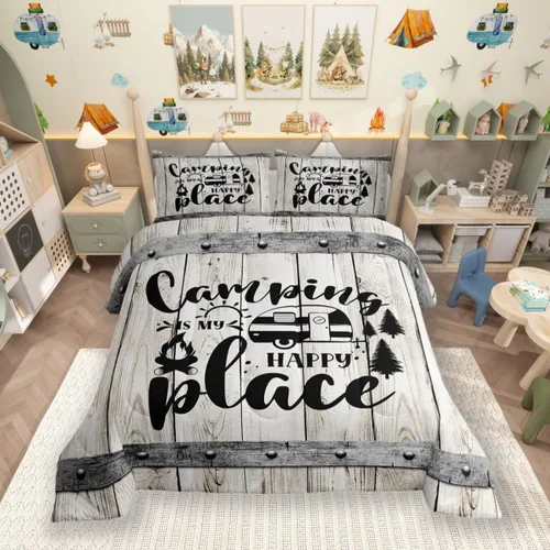 Miniatura 45 de Juego de Edredón para Acampar Feliz para Niños Tamaño Individual, Juego de Ropa de Cama Rústica de Aventura de Granja y Cabaña, Decoración