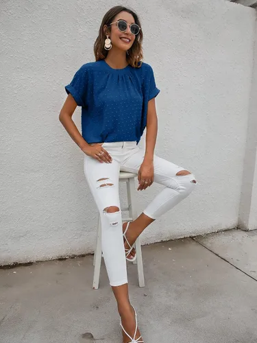Miniatura 6 de Romwe Blusa casual de trabajo con cuello redondo y manga corta plisada para mujer
