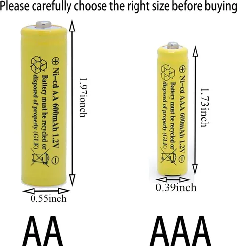 Miniatura 3 de AA - Batería recargable NICD de 600 mAh 1.2 V para luces solares al aire libre, luces de jardín, controles remotos, ratones amarillos (12 piezas)