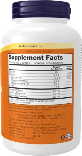 Miniatura 2 de NOW Suplementos, Super Omega 3-6-9 1200 mg con una mezcla de aceites de pescado, borraja y semillas de lino, 180 cápsulas blandas